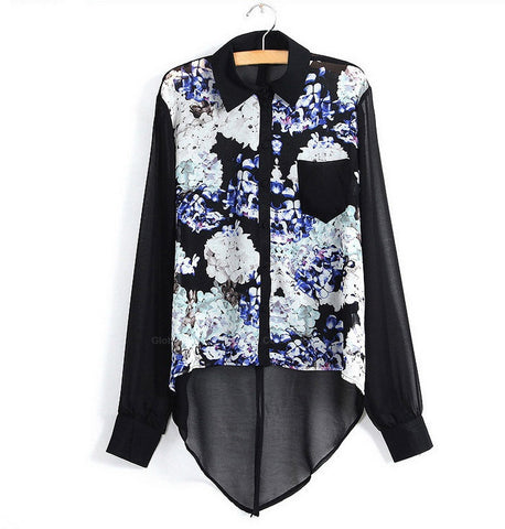 Stylish Floral Print Irregular Design Chiffon Women's Blouse