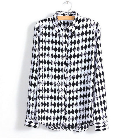 Long Sleeves Black and White Casual Shirt Blouse Geometrical Pattern