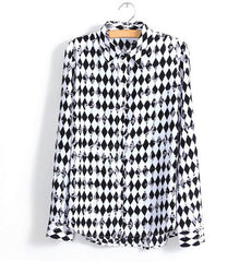 Long Sleeves Black and White Casual Shirt Blouse Geometrical Pattern