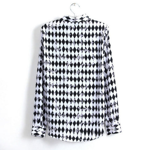 Long Sleeves Black and White Casual Shirt Blouse Geometrical Pattern