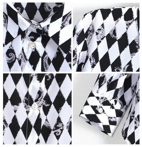 Long Sleeves Black and White Casual Shirt Blouse Geometrical Pattern