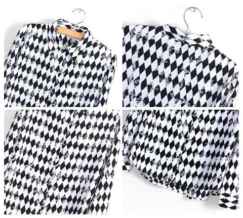 Long Sleeves Black and White Casual Shirt Blouse Geometrical Pattern