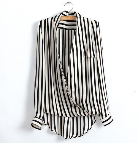 Stylish Style V-Neck Long Sleeves Stripe Print Women's Spring Shirt