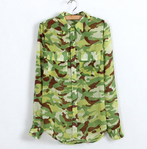 Spring Clothes Camouflage Print Long Sleeved Chiffon Women's Shirt