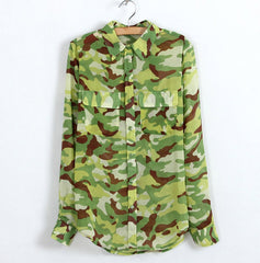 Spring Clothes Camouflage Print Long Sleeved Chiffon Women's Shirt