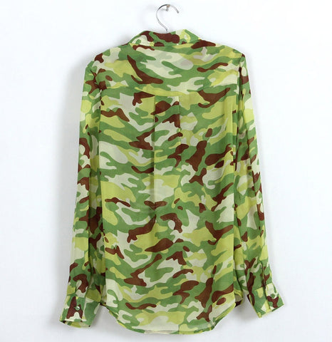 Spring Clothes Camouflage Print Long Sleeved Chiffon Women's Shirt