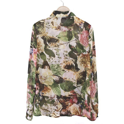 Long Sleeves Casual Shirt Blouse Floral Butterflies