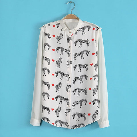 Fashionable Stand Neck Long Sleeves Zebra And Heart Print Cotton Blend Women's Spring Shirt WHITE