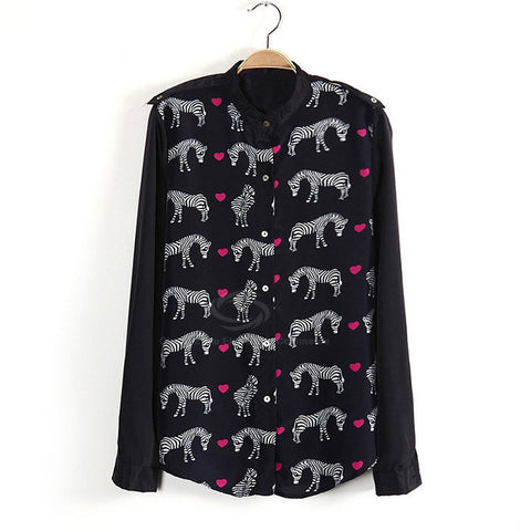 Fashionable Stand Neck Long Sleeves Zebra And Heart Print Cotton Blend Women's Spring Shirt BLACK