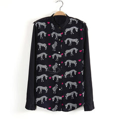 Fashionable Stand Neck Long Sleeves Zebra And Heart Print Cotton Blend Women's Spring Shirt BLACK