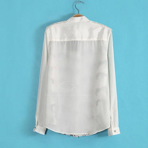 Fashionable Stand Neck Long Sleeves Zebra And Heart Print Cotton Blend Women's Spring Shirt WHITE