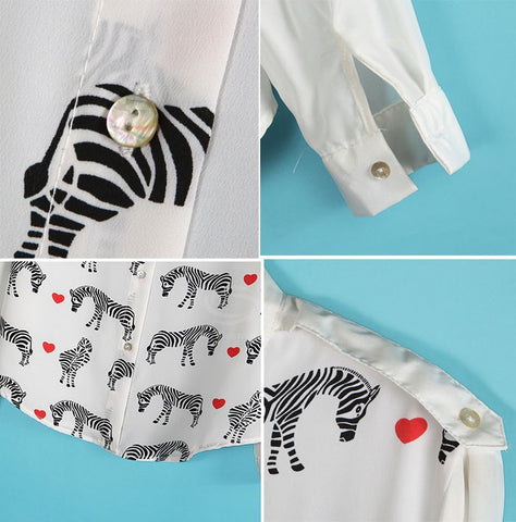 Fashionable Stand Neck Long Sleeves Zebra And Heart Print Cotton Blend Women's Spring Shirt WHITE