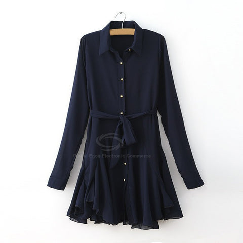 Fashional Solid Color Chiffon Women's Shirt Dress With Belt NAVY
