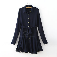 Fashional Solid Color Chiffon Women's Shirt Dress With Belt NAVY