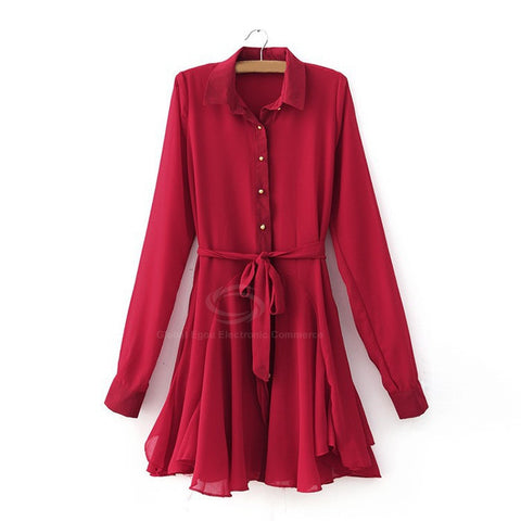 Fashional Solid Color Chiffon Women's Shirt Dress With Belt RED