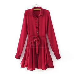 Fashional Solid Color Chiffon Women's Shirt Dress With Belt RED