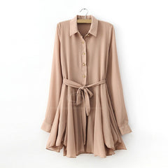 Fashional Solid Color Chiffon Women's Shirt Dress With Belt KHAKI