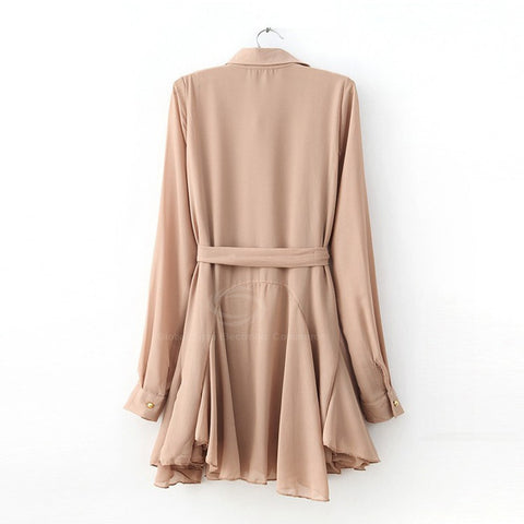 Fashional Solid Color Chiffon Women's Shirt Dress With Belt KHAKI