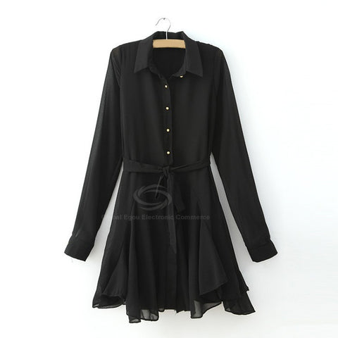 Fashional Solid Color Chiffon Women's Shirt Dress With Belt BLACK