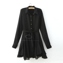 Fashional Solid Color Chiffon Women's Shirt Dress With Belt BLACK
