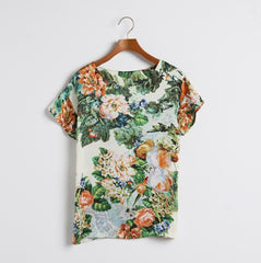 Casual Retro Rose Printed Satin Women's T-Shirt