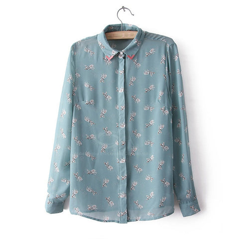 Dogs Shirt Blouse Casual Puppy Print Long Sleeves Chiffon Women's Spring Shirt