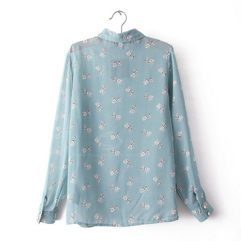 Dogs Shirt Blouse Casual Puppy Print Long Sleeves Chiffon Women's Spring Shirt