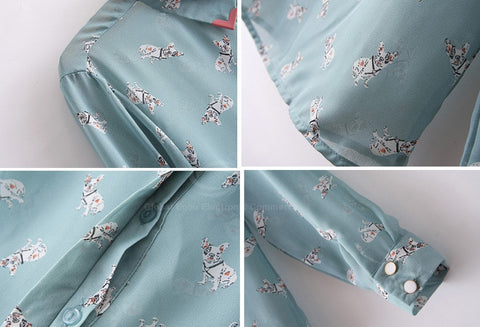 Dogs Shirt Blouse Casual Puppy Print Long Sleeves Chiffon Women's Spring Shirt
