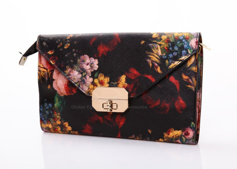 Causal PU Leather and Floral Print Design Women's Clutch Bag