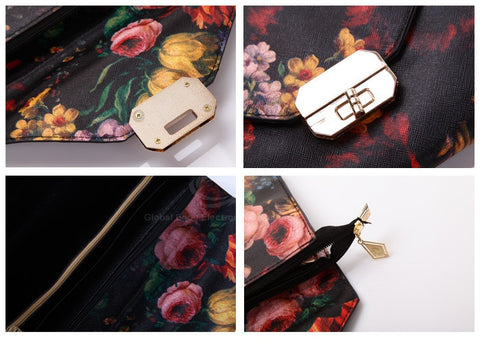 Causal PU Leather and Floral Print Design Women's Clutch Bag