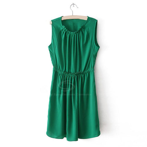 Solid Color High Elasticity Scoop Neck Sleeveless Cotton Blend Casual Style Women's Dress GREEN