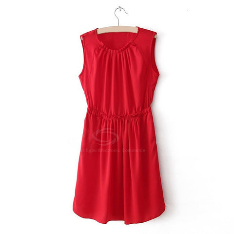 Solid Color High Elasticity Scoop Neck Sleeveless Cotton Blend Casual Style Women's Dress RED