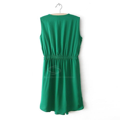 Solid Color High Elasticity Scoop Neck Sleeveless Cotton Blend Casual Style Women's Dress GREEN