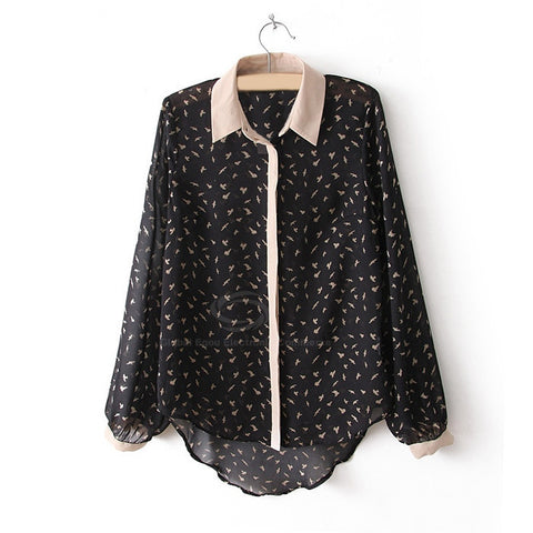 Fashionable Polo Collar Plane Print See-Through Long Sleeves Women's Shirt