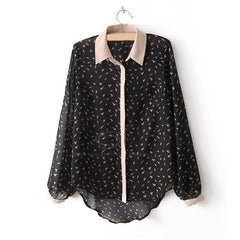Fashionable Polo Collar Plane Print See-Through Long Sleeves Women's Shirt
