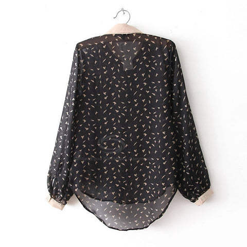 Fashionable Polo Collar Plane Print See-Through Long Sleeves Women's Shirt