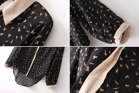 Fashionable Polo Collar Plane Print See-Through Long Sleeves Women's Shirt