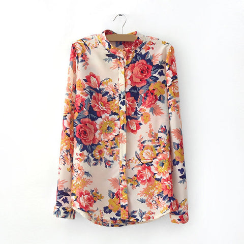 Floral Long Sleeves Shirt Blouse Flowers ORANGE
