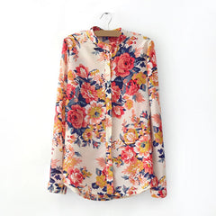 Floral Long Sleeves Shirt Blouse Flowers ORANGE