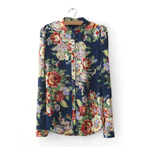 Floral Long Sleeves Shirt Blouse Flowers BLUE