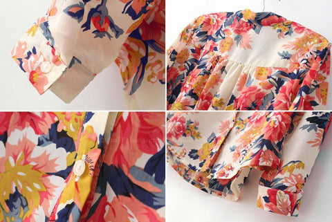 Floral Long Sleeves Shirt Blouse Flowers ORANGE