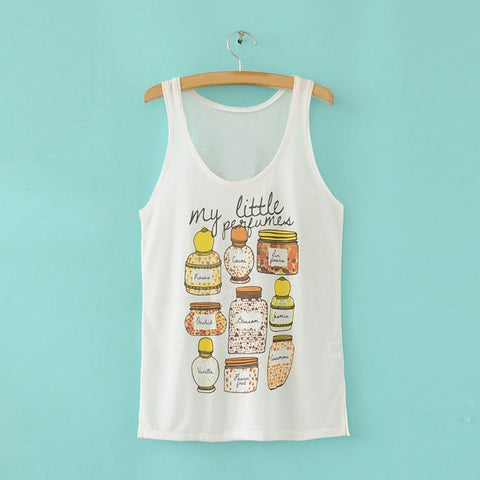 Cute Scoop Neck Perfume Bottle Print White Women's Vest