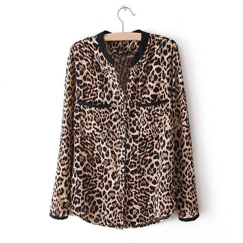 Fashionable Stand Collar Leopard Print Long Sleeves Women's Shirt