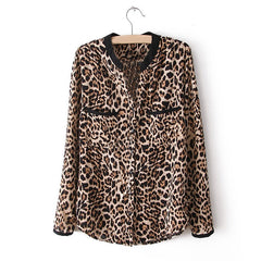 Fashionable Stand Collar Leopard Print Long Sleeves Women's Shirt