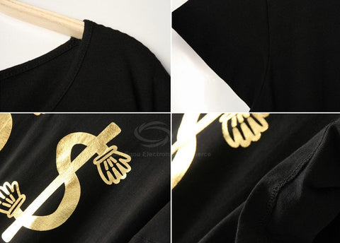 Casual Loose-Fitting Scoop Neck Golden Letter Print Black Women's T-Shirt