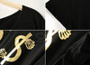 Casual Loose-Fitting Scoop Neck Golden Letter Print Black Women's T-Shirt
