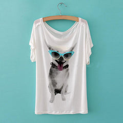 Relaxed Puppy With Glasses Print Short Sleeve Women's Summer T-Shirt