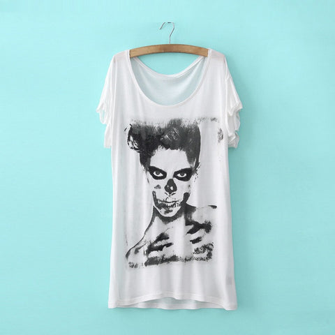 Scoop Neck Grimace Pattern Short Sleeve White Women's T-Shirt