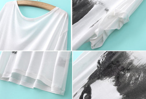 Scoop Neck Grimace Pattern Short Sleeve White Women's T-Shirt
