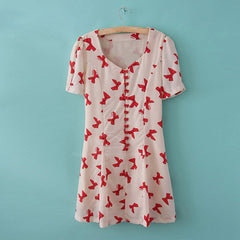 Slim Fit Bowknot Print Short Sleeve Imitated Silk Women's Dress